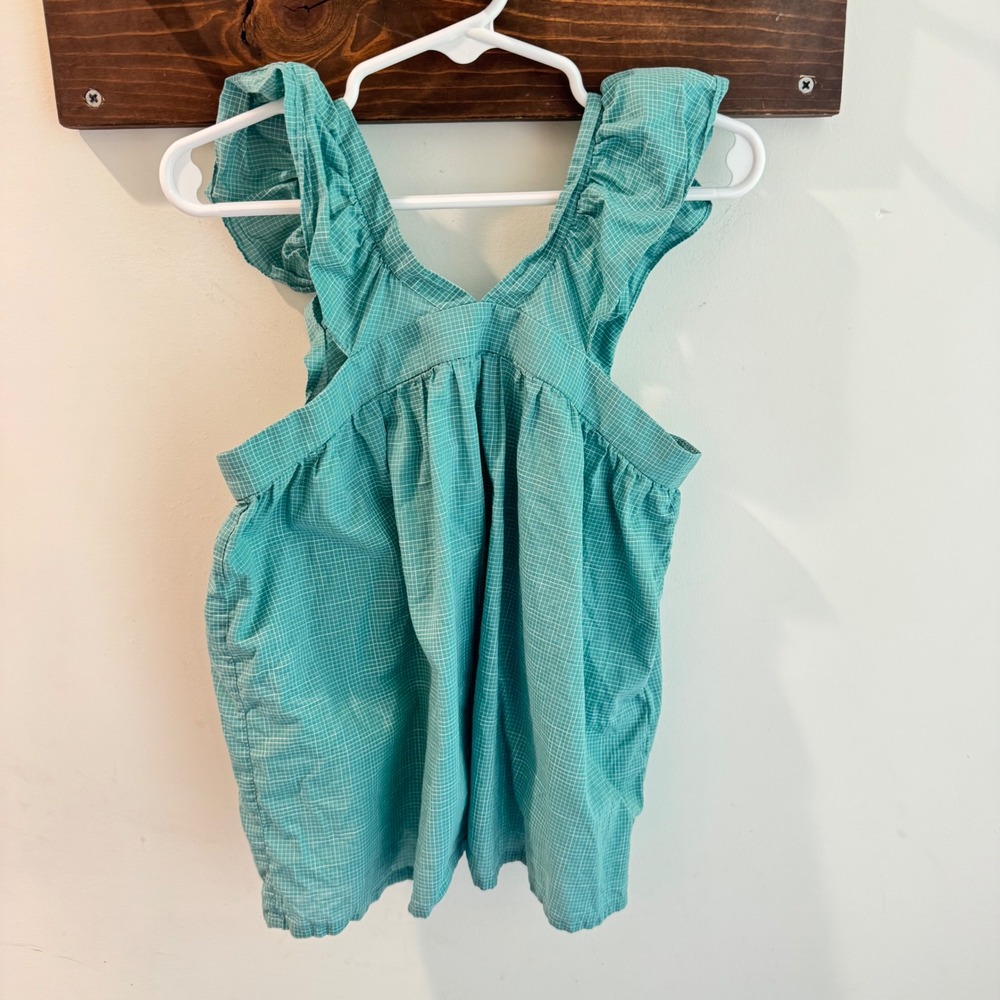 Bonpoint Girls Teal Grid Ruffle Strap Button Back Top Size 6A Made in Hungary